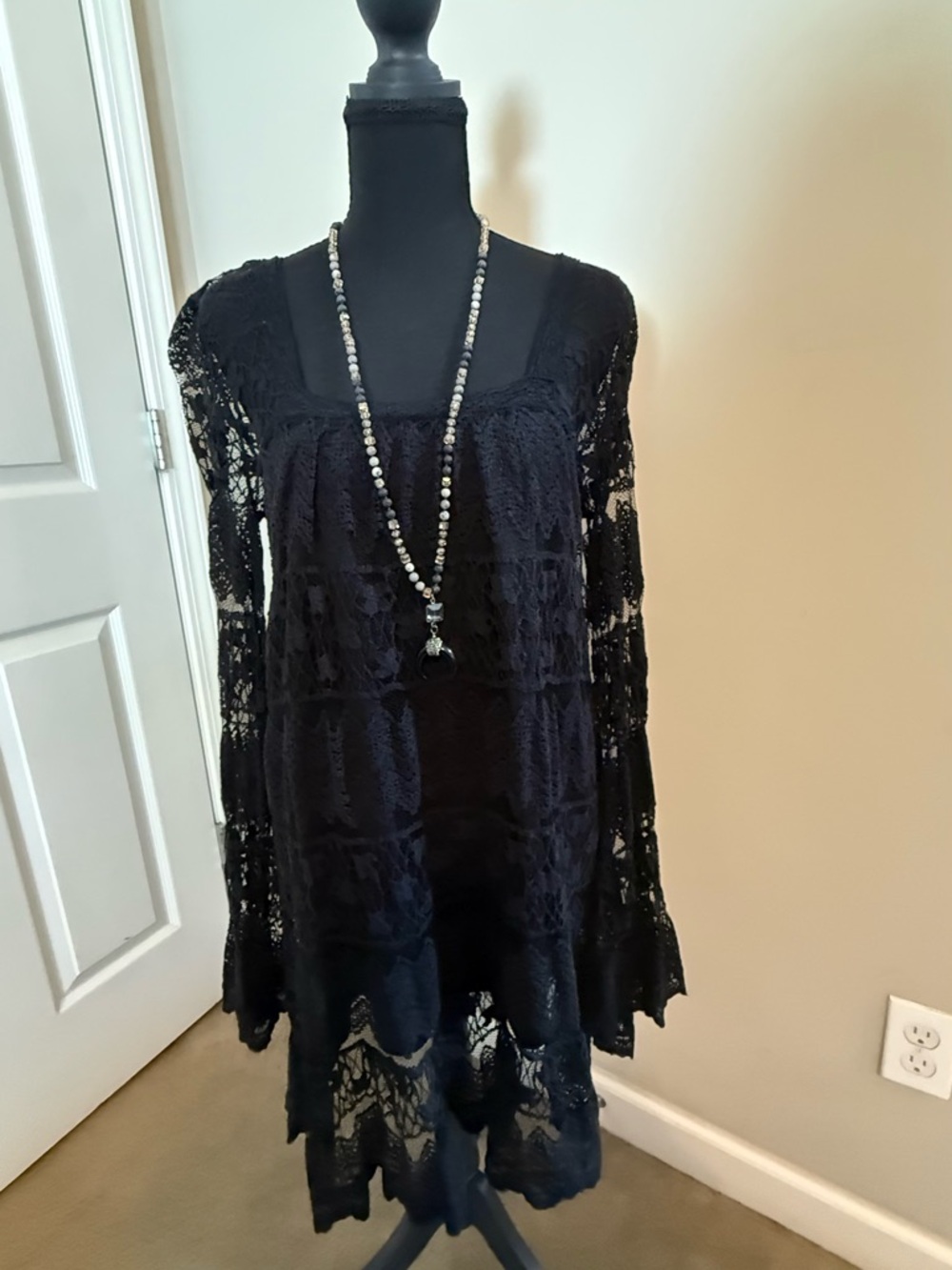 Black Lace Tunic Dress with Boho Crochet Detail